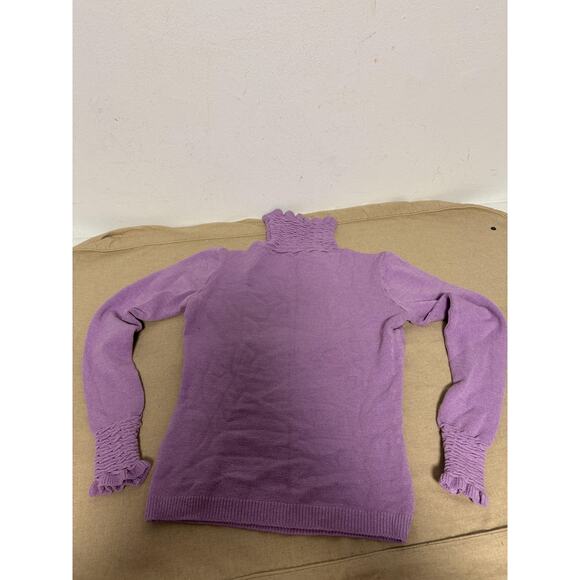 Cache Sweater Womens Medium Purple Ruched Turtleneck Ruffle Cuffs Knit Made USA - Picture 2 of 8